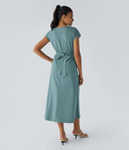 Robe Midi Avec Taille Haute Et Manches Courtes Pour Femme | Idéal Pour Usage De Jour Et De Soir