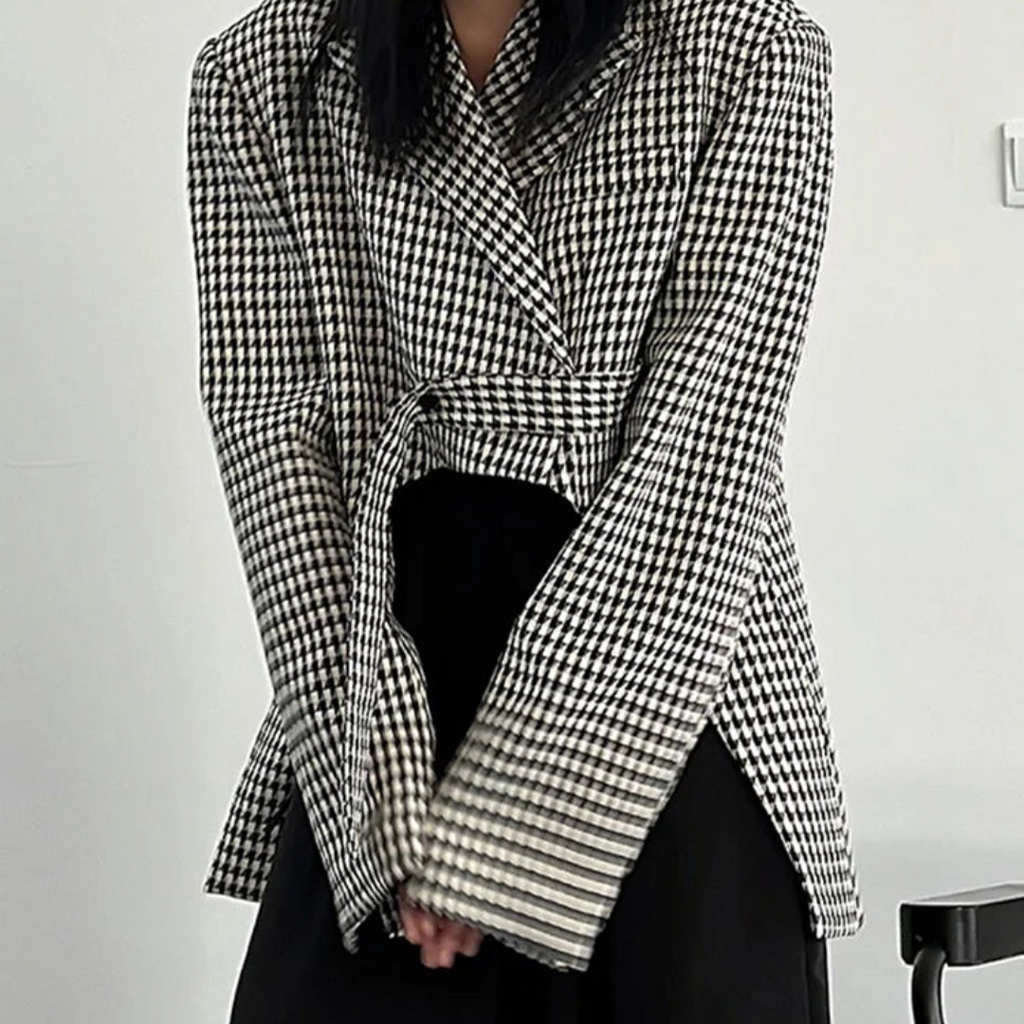 Blazer Motif Pied-De-Poule À Manches Longues Avec Bouton Unique Pour Femme | Idéal Pour Le Travail Et Les Sortiesames