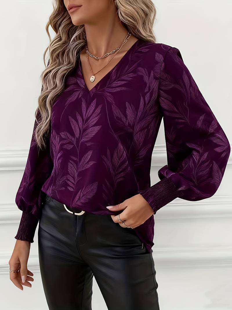 Blouse À Manches Longues Avec Motif Feuilles Et Col En V Pour Femmes | Idéal Pour Travail Ou Usage Quotidien