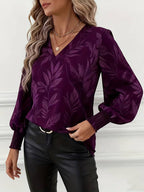 Blouse À Manches Longues Avec Motif Feuilles Et Col En V Pour Femmes | Idéal Pour Travail Ou Usage Quotidien