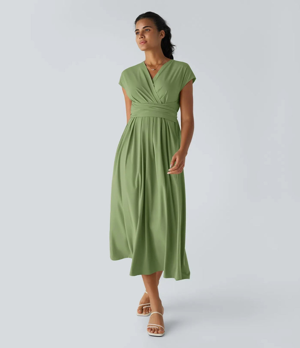 Robe Midi Avec Taille Haute Et Manches Courtes Pour Femme | Idéal Pour Usage De Jour Et De Soir
