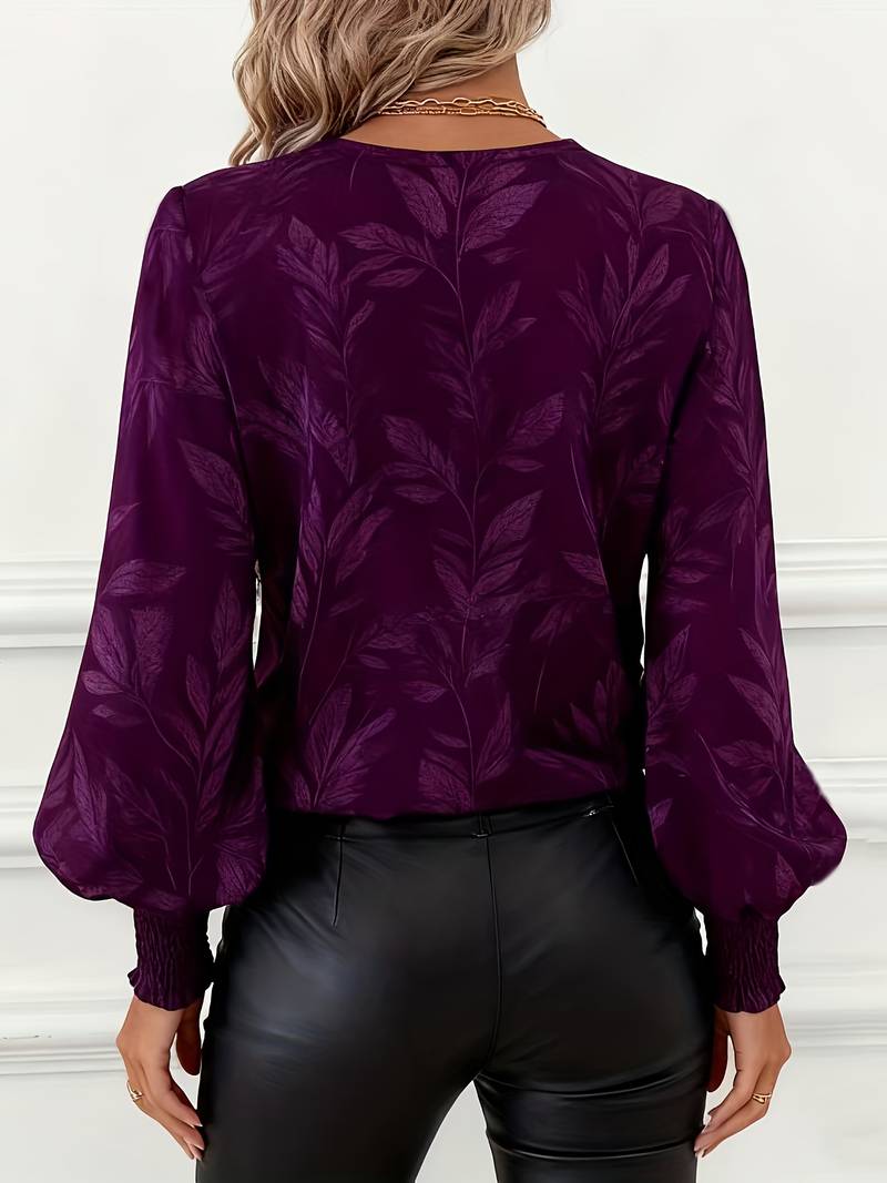 Blouse À Manches Longues Avec Motif Feuilles Et Col En V Pour Femmes | Idéal Pour Travail Ou Usage Quotidien