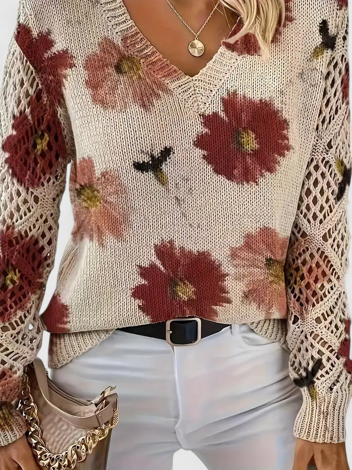 Pull À Motif Floral Avec Col En V Et Manches Longues Pour Femmes | Idéal Pour Le Quotidien