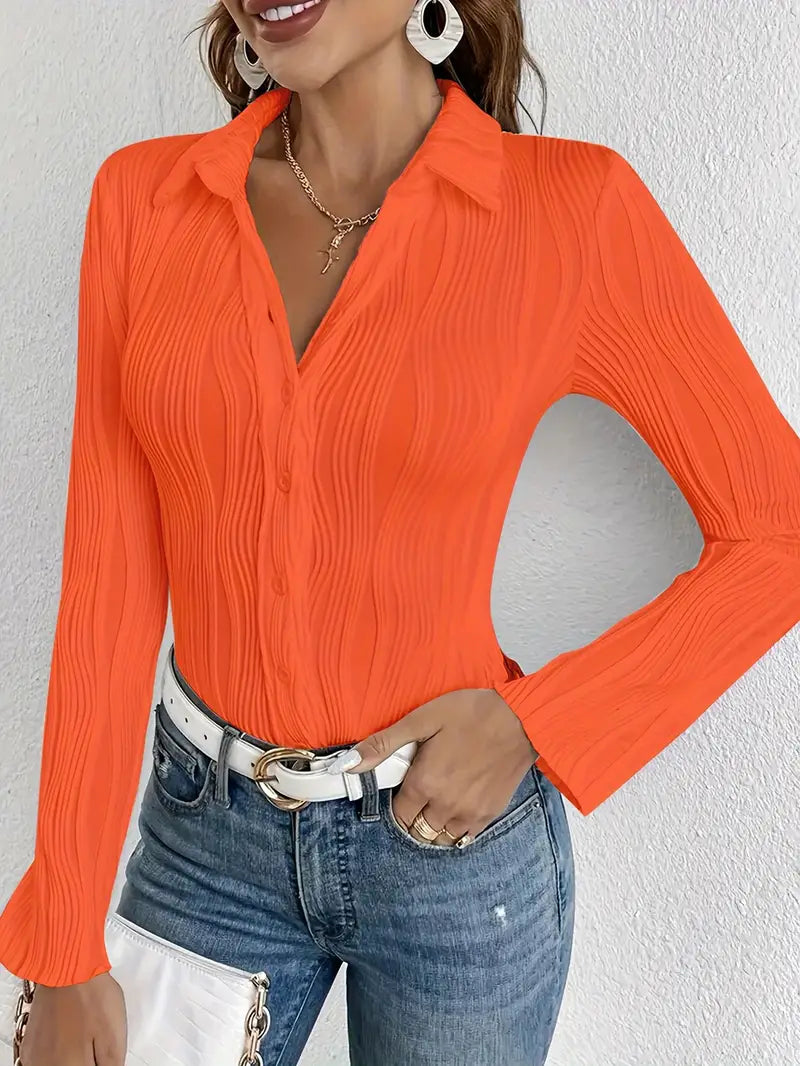 Blouse Côtelée À Manches Longues Et Boutons Pour Femme | Idéal Pour Le Quotidien Et Le Bureau