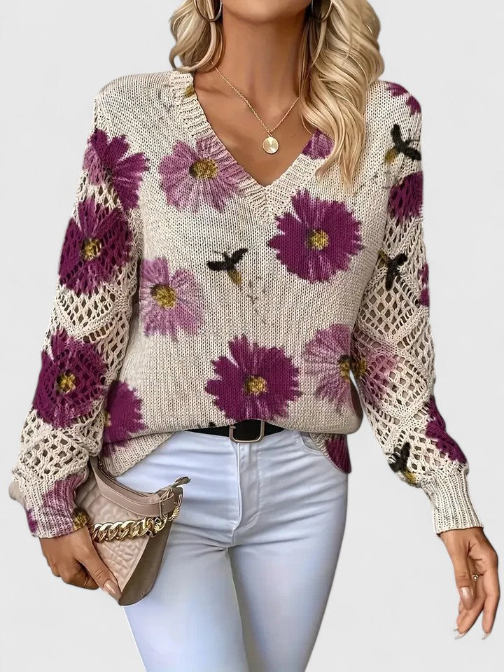 Pull À Motif Floral Avec Col En V Et Manches Longues Pour Femmes | Idéal Pour Le Quotidien