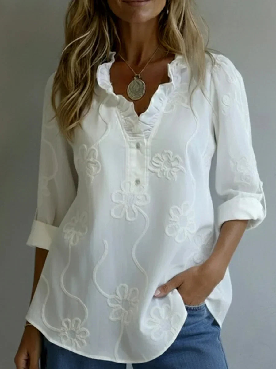 Blouse à Col Volanté Avec Motif Floral Pour Femmes | Idéale Pour La Mi-Saison