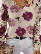 Pull À Motif Floral Avec Col En V Et Manches Longues Pour Femmes | Idéal Pour Le Quotidien