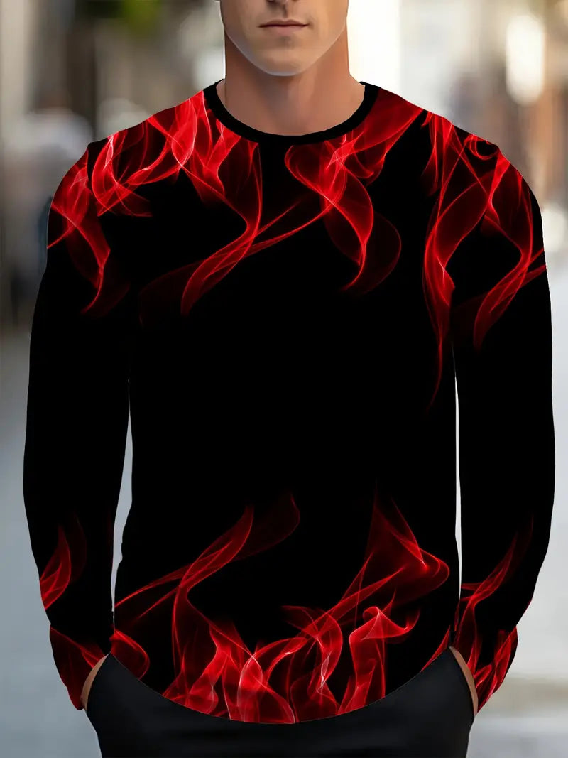 T-Shirt À Manches Longues Avec Motif Flammes Et Col Rond Pour Hommes | Idéal Pour Les Tenues Décontractées