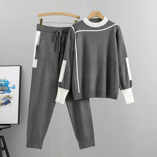 Ensemble Pull Patchwork et Pantalon Assorti pour Femme | Idéal pour Saison Automne