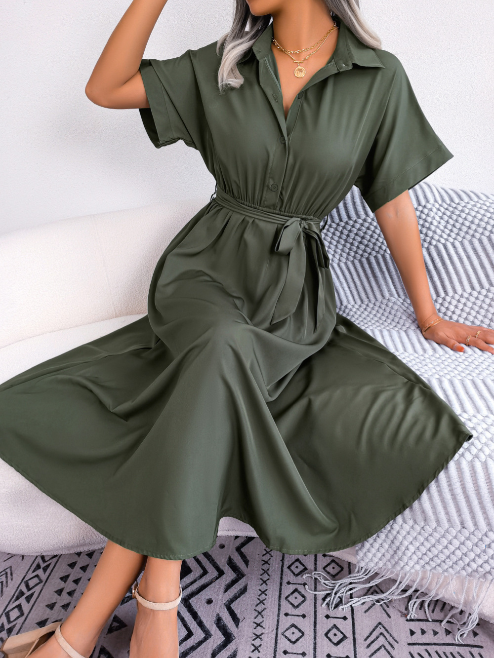 Robe Chemise Midi avec Ceinture Nouée pour Femme | Idéale pour l’Été et les Occasions Semi-Formelles