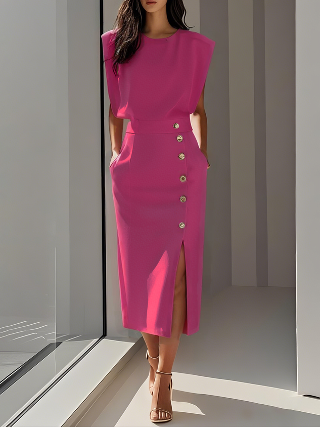 Robe Midi Sans Manches Avec Boutons Pour Femme | Idéale Pour Usage Quotidien Et Occasions