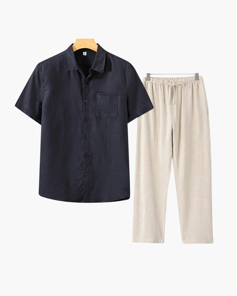 Ensemble Été Deux Pièces Avec Chemise Courte Et Pantalon À Taille Élastique Pour Homme | Idéal Pour Saison Estivale