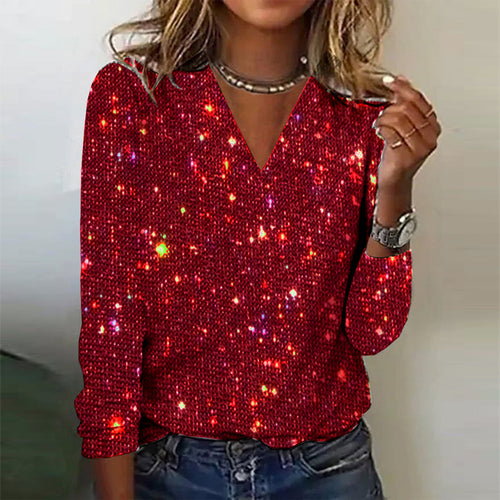 Blouse à Manches Longues avec Finition Scintillante et Encolure en V pour Femme | Idéale pour les Occasions Festives