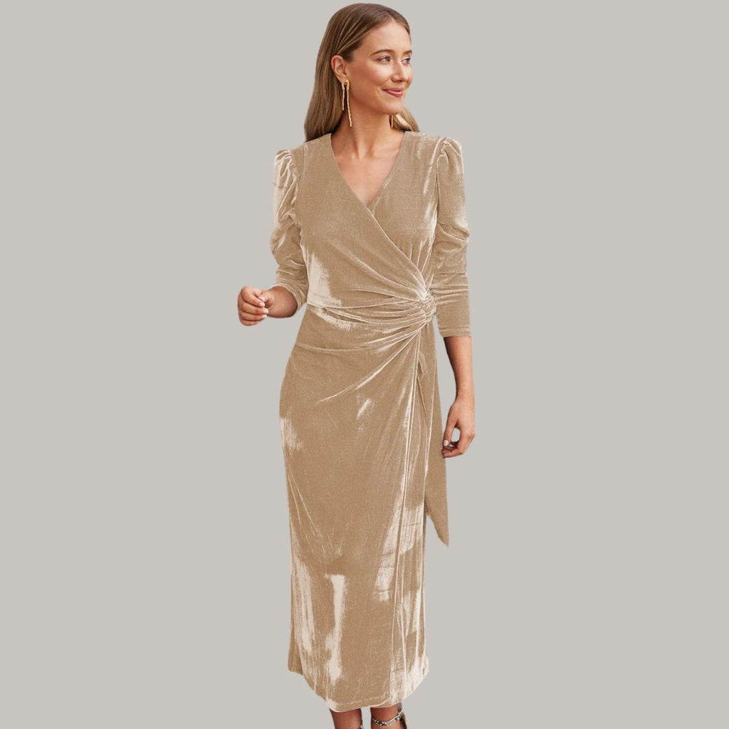 Robe Midi Portefeuille avec Manches Longues Bouffantes pour Femme | Idéale pour Soirées et Réceptions