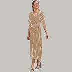 Robe Midi Portefeuille avec Manches Longues Bouffantes pour Femme | Idéale pour Soirées et Réceptions