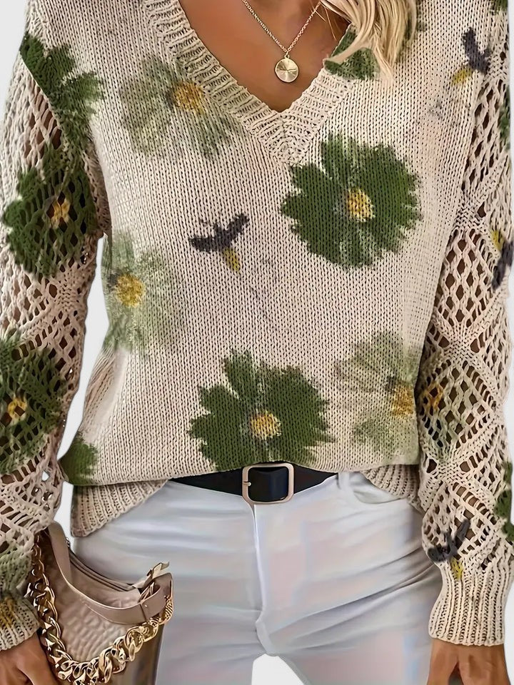Pull À Motif Floral Avec Col En V Et Manches Longues Pour Femmes | Idéal Pour Le Quotidien