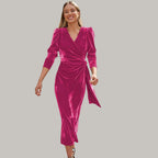 Robe Midi Portefeuille avec Manches Longues Bouffantes pour Femme | Idéale pour Soirées et Réceptions