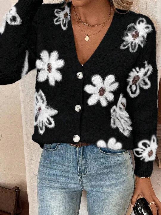 Cardigan à Motifs Floraux avec Col en V et Boutons pour Femmes | Idéal pour Tenues Décontractées