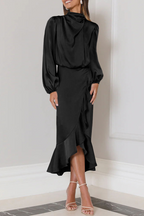 Robe Midi Avec Col Montant Plissé Et Manches Longues Pour Femme | Idéale Pour Les Événements