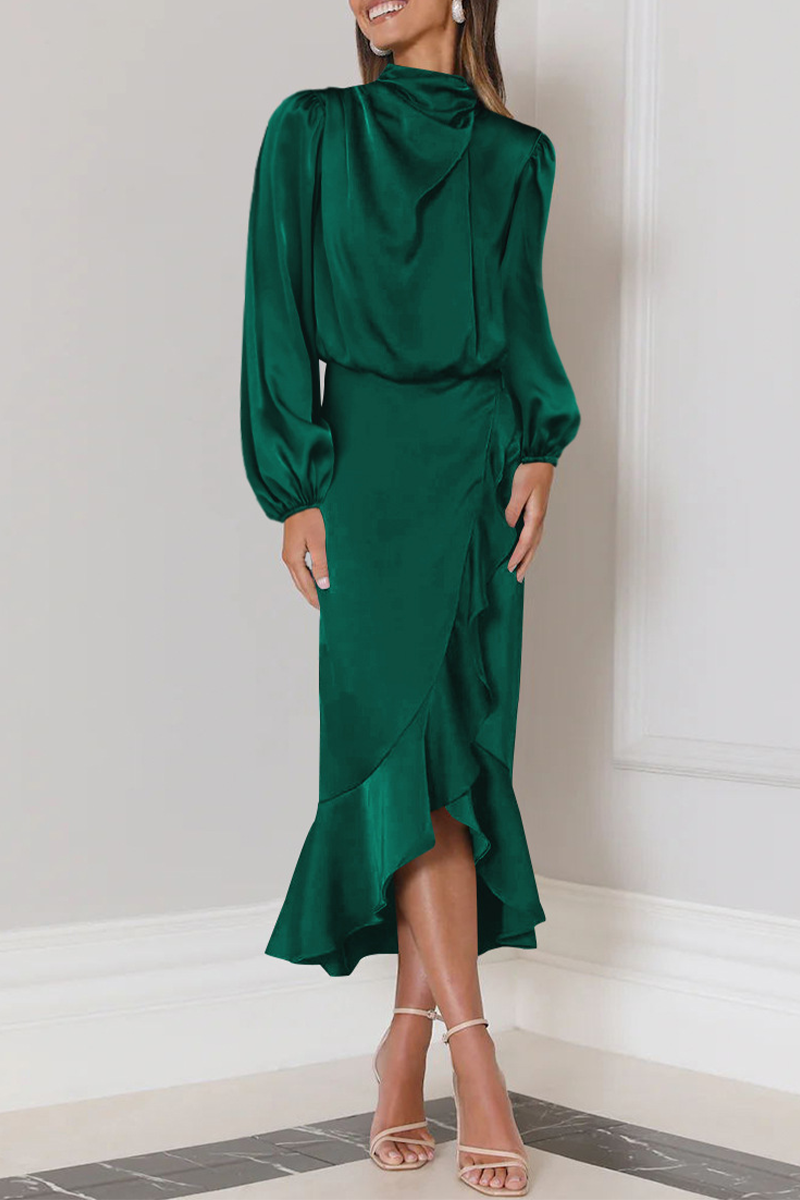 Robe Midi Avec Col Montant Plissé Et Manches Longues Pour Femme | Idéale Pour Les Événements