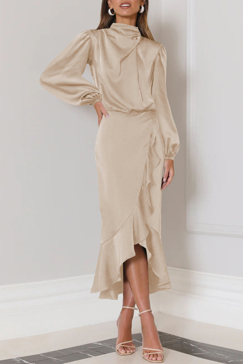 Robe Midi Avec Col Montant Plissé Et Manches Longues Pour Femme | Idéale Pour Les Événements