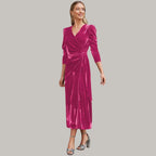 Robe Midi Portefeuille avec Manches Longues Bouffantes pour Femme | Idéale pour Soirées et Réceptions