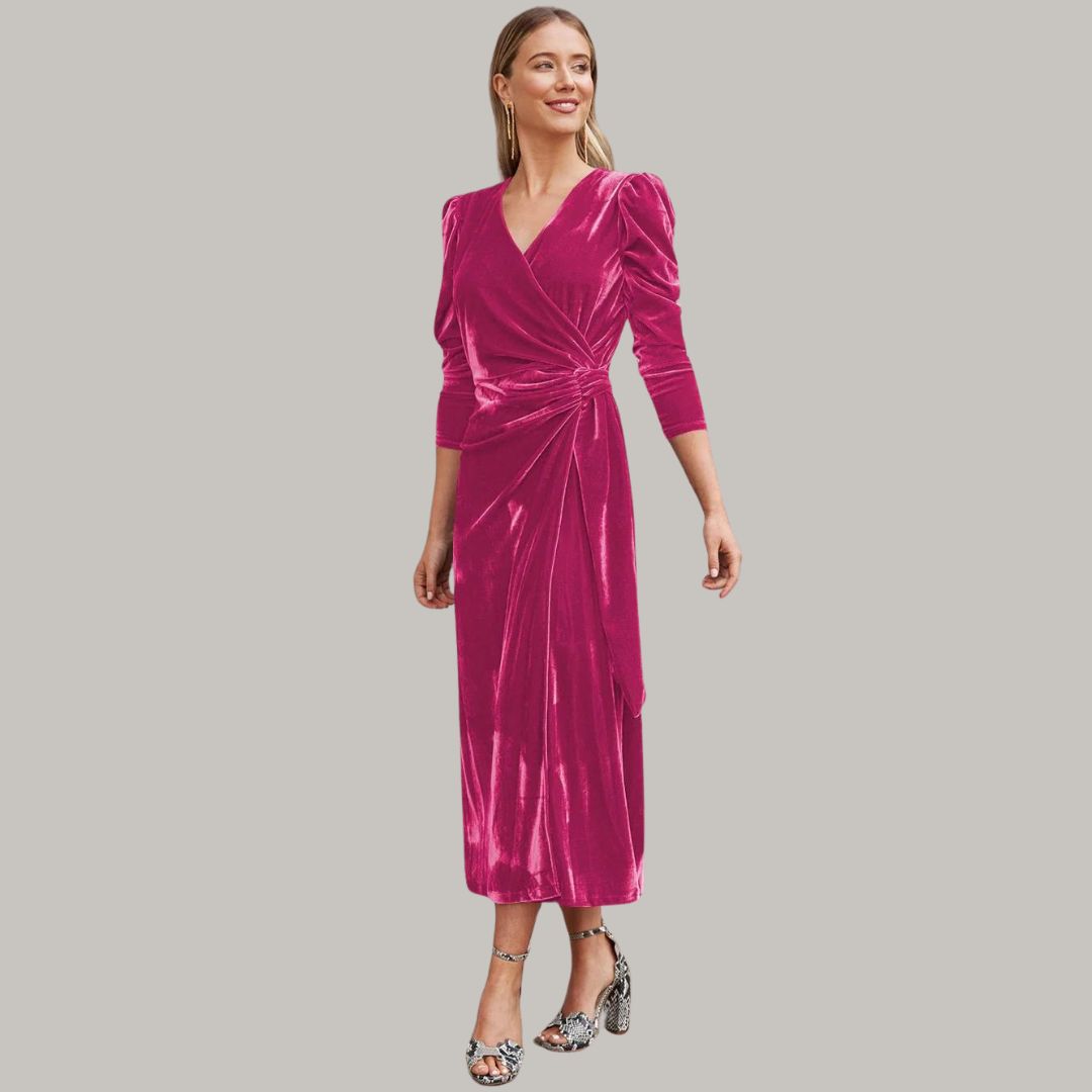 Robe Midi Portefeuille avec Manches Longues Bouffantes pour Femme | Idéale pour Soirées et Réceptions