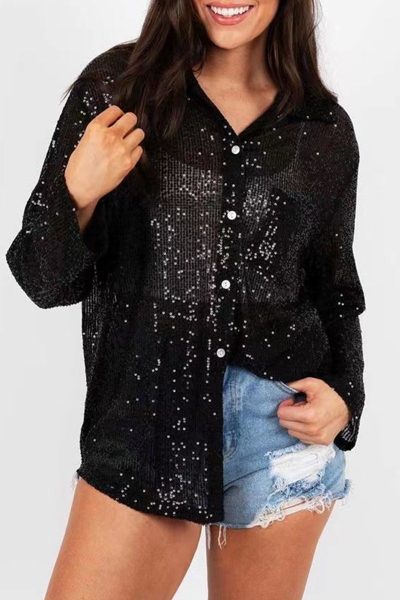 Blouse Polo avec Sequins et Manches Longues pour Femme | Idéale Pour Un Usage Quotidien