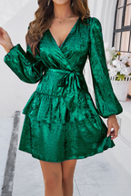 Mini-Robe Avec Décolleté En V, Manches Longues Et Ceinture Nouée Pour Femmes | Adaptée Aux Tenues Quotidiennes
