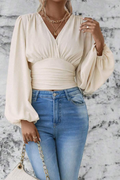 Blouse à Col en V avec Détail Froncé et Manches Ballon pour Femme | Idéale pour Bureau et Sorties