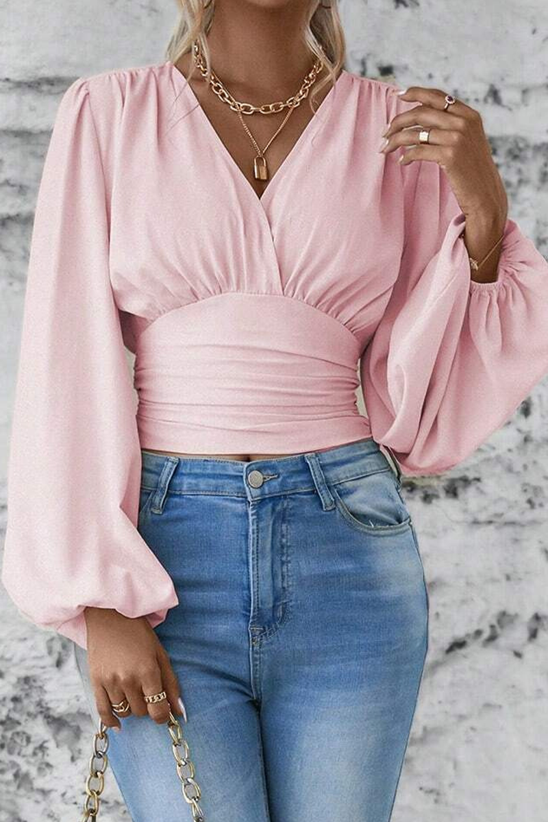 Blouse à Col en V avec Détail Froncé et Manches Ballon pour Femme | Idéale pour Bureau et Sorties