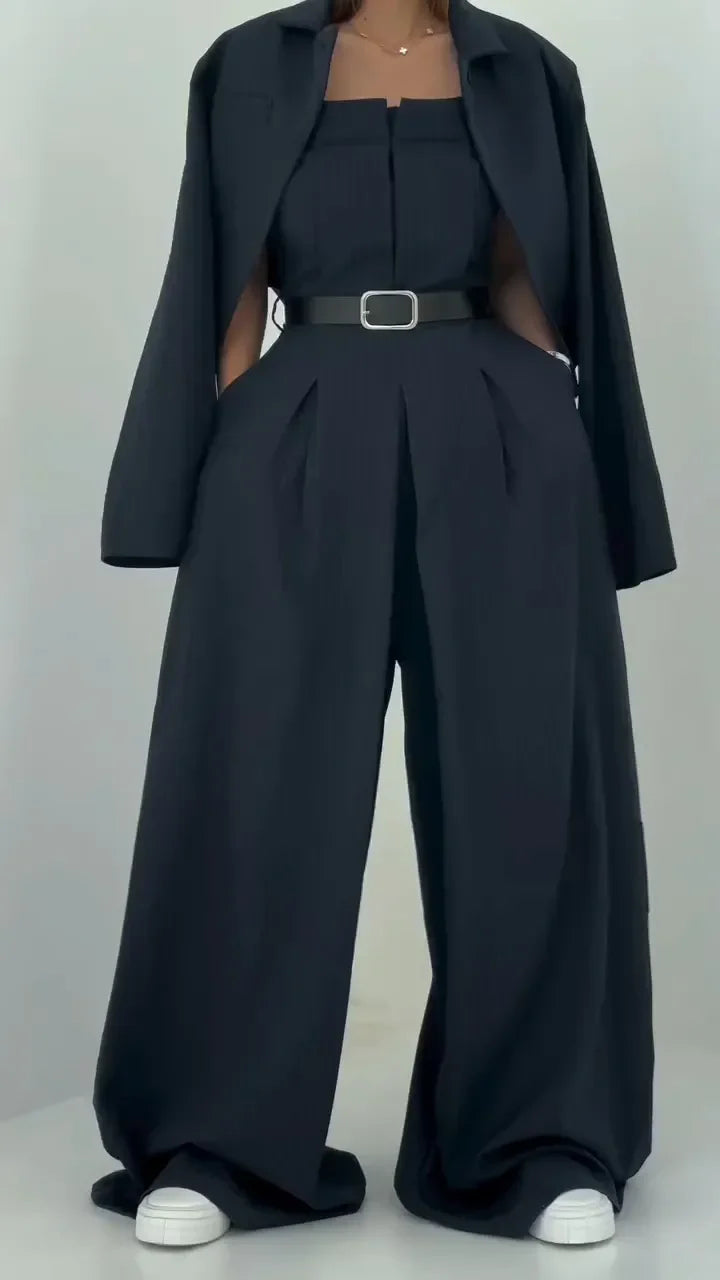 Ensemble Deux Pièces Avec Blazer Court Et Pantalon À Jambe Large Pour Femmes | Idéal Pour Bureau Et Sorties