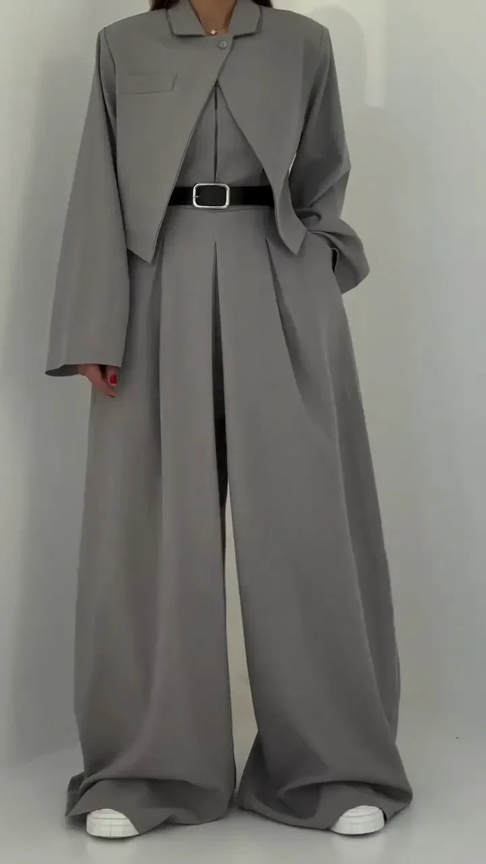 Ensemble Deux Pièces Avec Blazer Court Et Pantalon À Jambe Large Pour Femmes | Idéal Pour Bureau Et Sorties