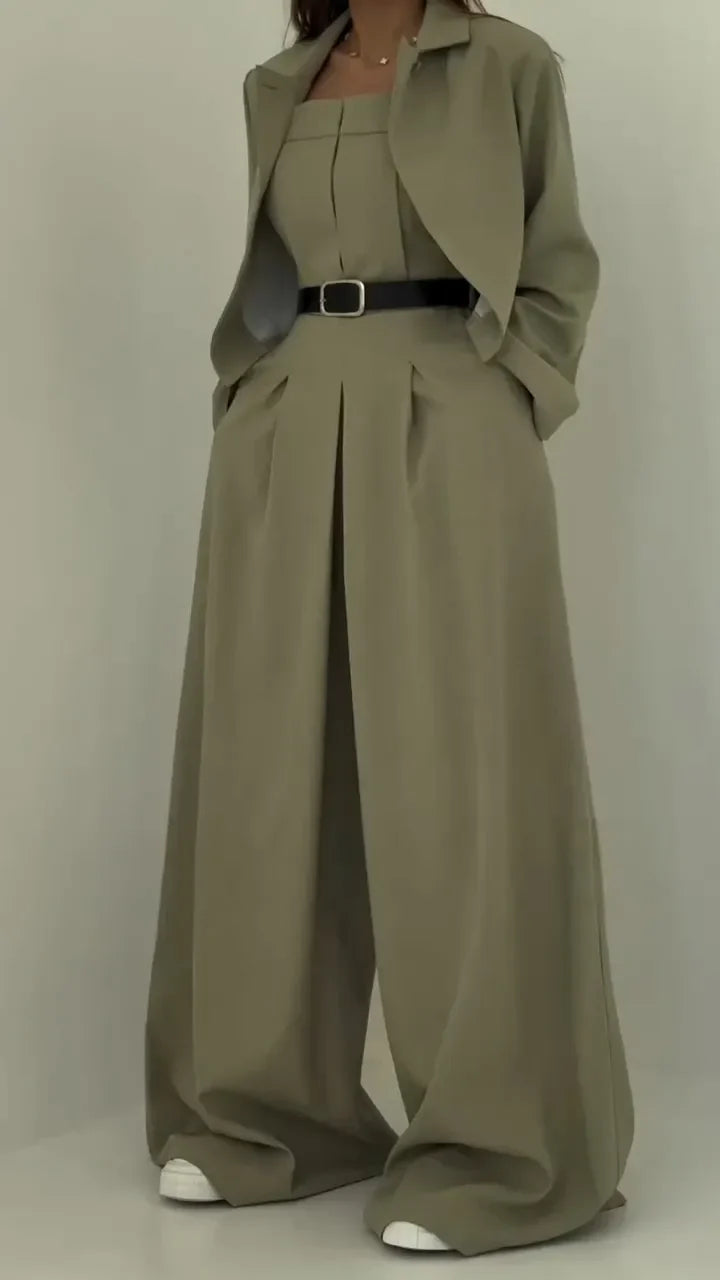 Ensemble Deux Pièces Avec Blazer Court Et Pantalon À Jambe Large Pour Femmes | Idéal Pour Bureau Et Sorties