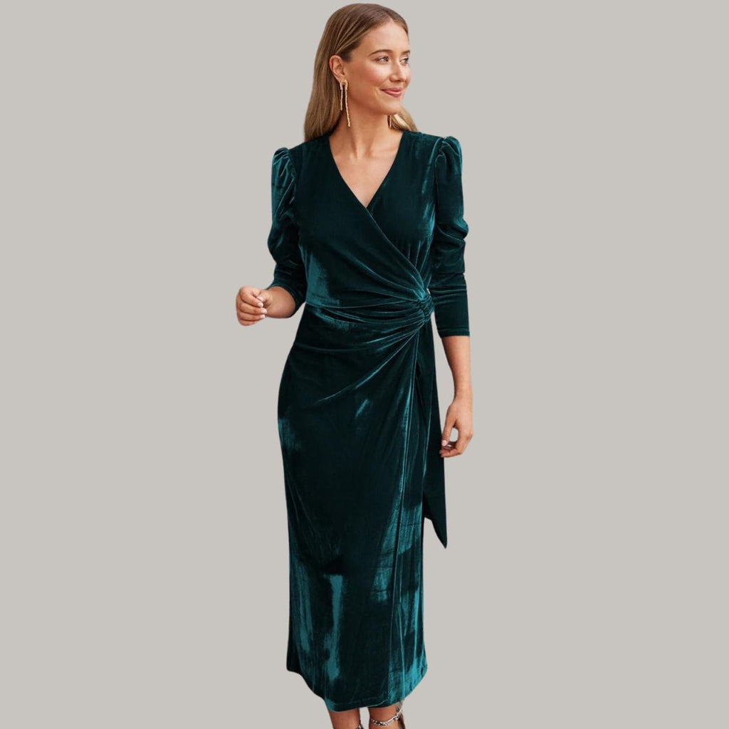 Robe Midi Portefeuille avec Manches Longues Bouffantes pour Femme | Idéale pour Soirées et Réceptions