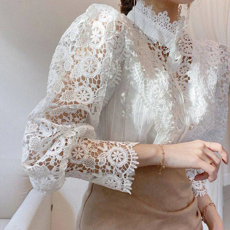 Blouse À Manches Longues Avec Col Montant Et Découpe Florale Pour Femme | Idéal Pour Usage Quotidien