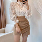 Blouse À Manches Longues Avec Col Montant Et Découpe Florale Pour Femme | Idéal Pour Usage Quotidien