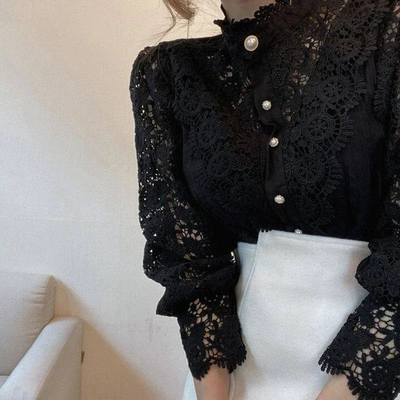 Blouse À Manches Longues Avec Col Montant Et Découpe Florale Pour Femme | Idéal Pour Usage Quotidien