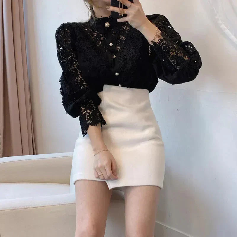 Blouse À Manches Longues Avec Col Montant Et Découpe Florale Pour Femme | Idéal Pour Usage Quotidien