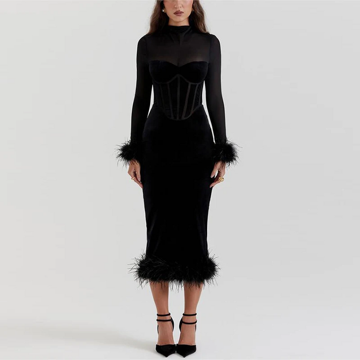 Robe Midi Avec Accents De Plumes Pour Femme | Idéale Pour Les Occasions Spéciales