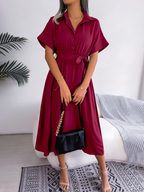 Robe Chemise Midi Avec Ceinture Nouée Et Manches Courtes Pour Femmes | Adaptée Aux Tenues Quotidiennes
