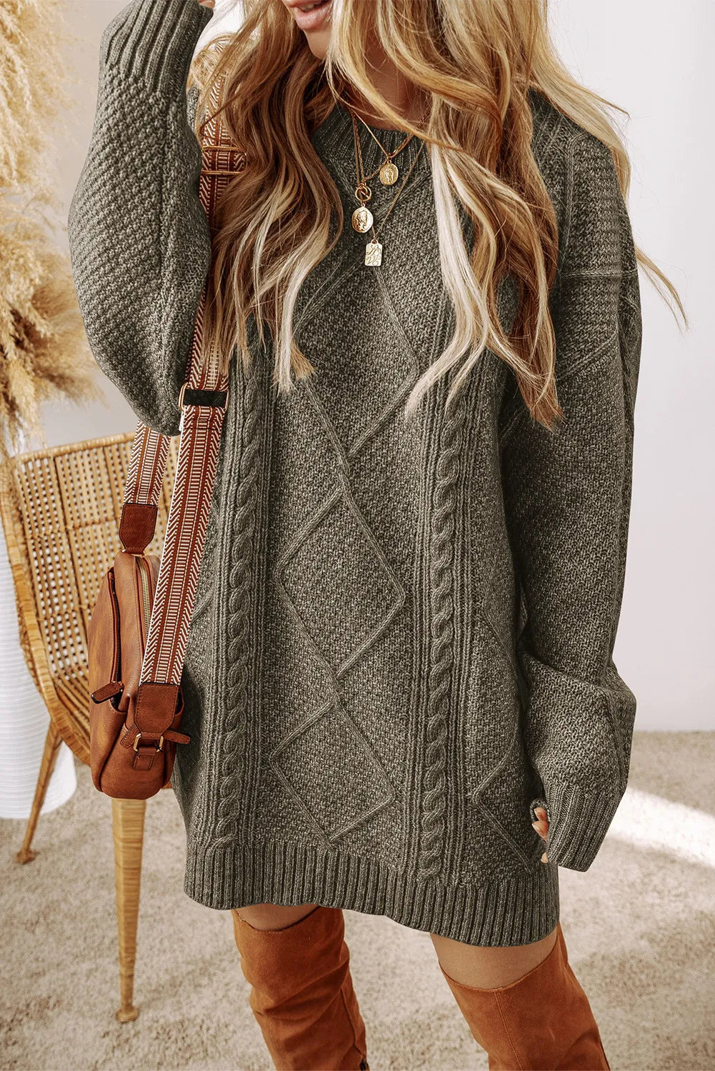 Pull Long avec Motif À Losanges pour Femme | Idéal pour La Saison Fraîche