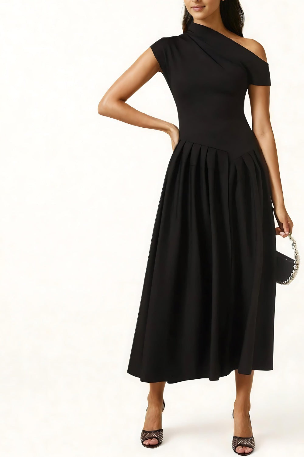 Robe Midi Asymétrique Avec Épaule Dénudée Pour Femme | Idéal Pour Soirées Et Événements