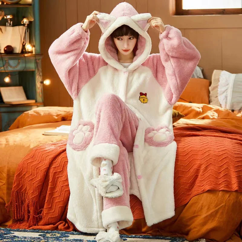 Pyjama Deux Pièces avec Capuche et Coupe Longue pour Femmes | Idéal pour l’Hiver