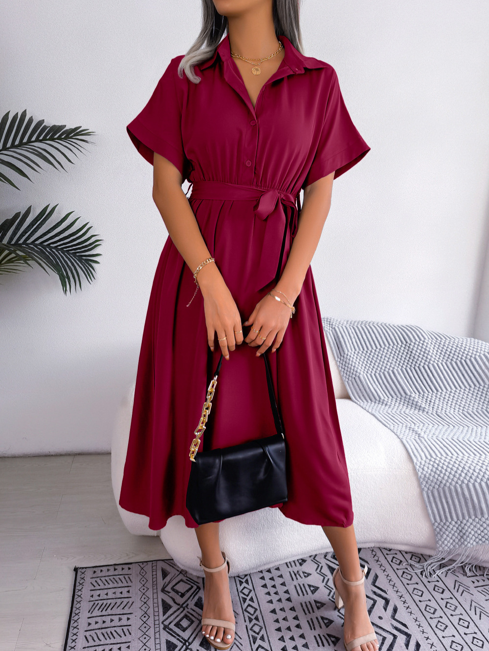 Robe Chemise Midi avec Ceinture Nouée pour Femme | Idéale pour l’Été et les Occasions Semi-Formelles