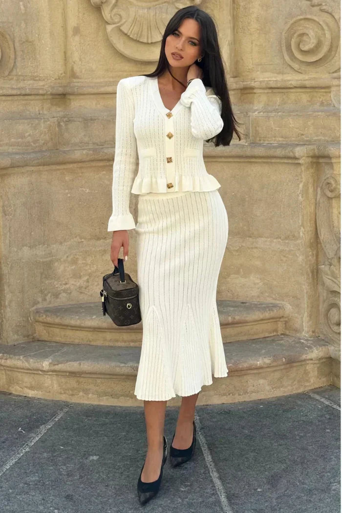 Ensemble Deux Pièces avec Cardigan à Col en V et Jupe Longue Évasée pour Femmes | Idéal pour Tenues de Travail ou Sorties