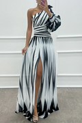 Robe Maxi One-Shoulder Rayée Avec Jupe Plissée Pour Femme | Idéale Pour L'Été