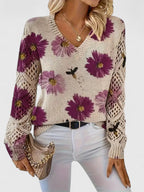 Pull À Motif Floral Avec Col En V Et Manches Longues Pour Femmes | Idéal Pour Le Quotidien
