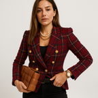 Blazer À Carreaux Camel Et Noir Avec Boutonnage Double Pour Femmes | Idéal Pour Le Travail Et Les Tenues Quotidiennes