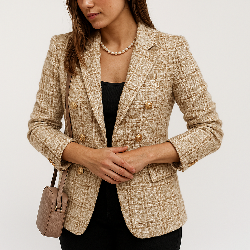 Blazer À Carreaux Camel Et Noir Avec Boutonnage Double Pour Femmes | Idéal Pour Le Travail Et Les Tenues Quotidiennes